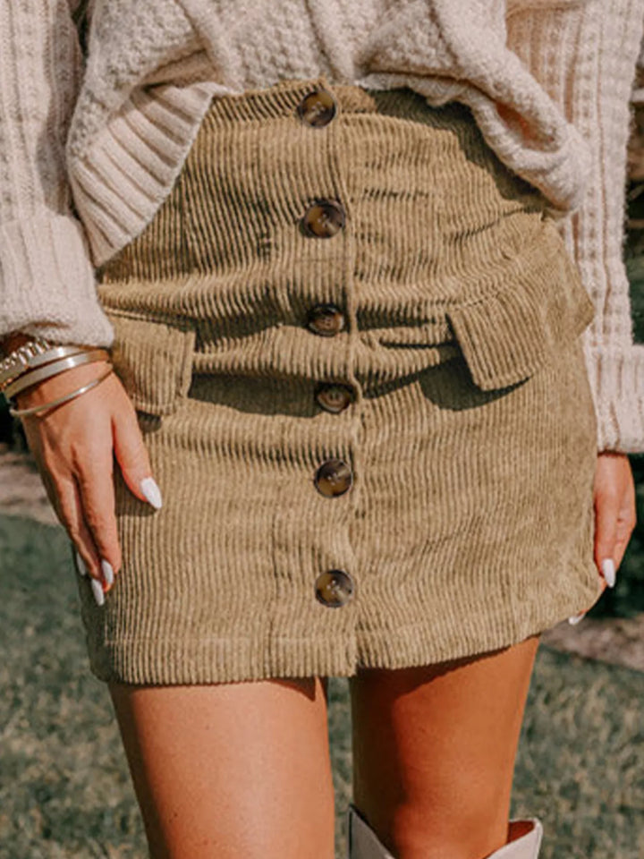 Camel Corduroy Buttoned Front Mini Skirt | Skirts Daverri Fashions