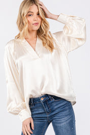 Notched Long Sleeve Blouse Ivory Tops