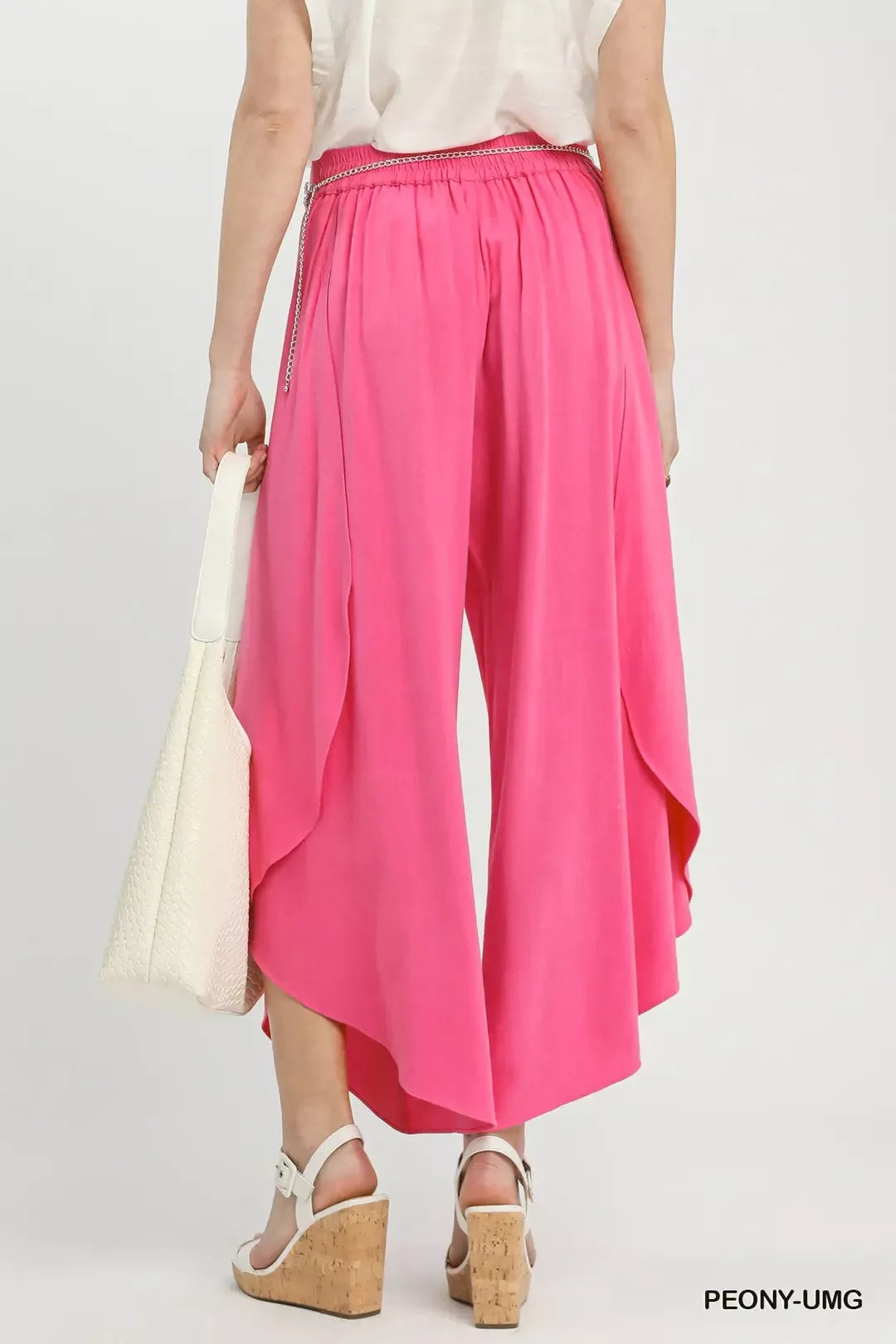 Bright pink Umgee Flowy Asymmetrical Hem Wide Leg Pants front view