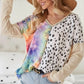 BiBi Print Block V Neck Top with Contrast Stitching Tops