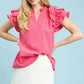 Umgee textured ruffle sleeve notched top in pink v-neck blouse