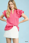 Umgee textured ruffle sleeve notched top in pink v-neck blouse