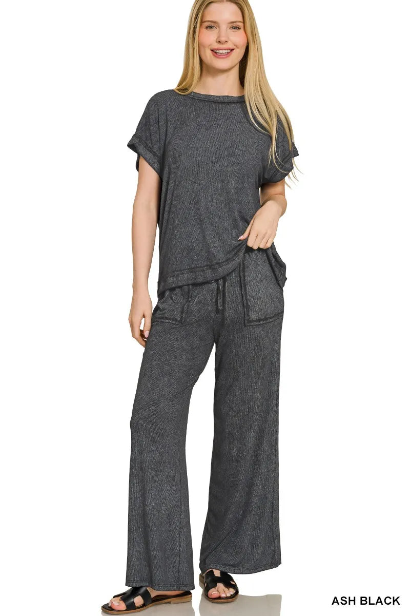 Zenana Ribbed Acid Wash Rayon Top & Pants Set ASH BLACK