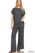 Zenana Ribbed Acid Wash Rayon Top & Pants Set ASH BLACK