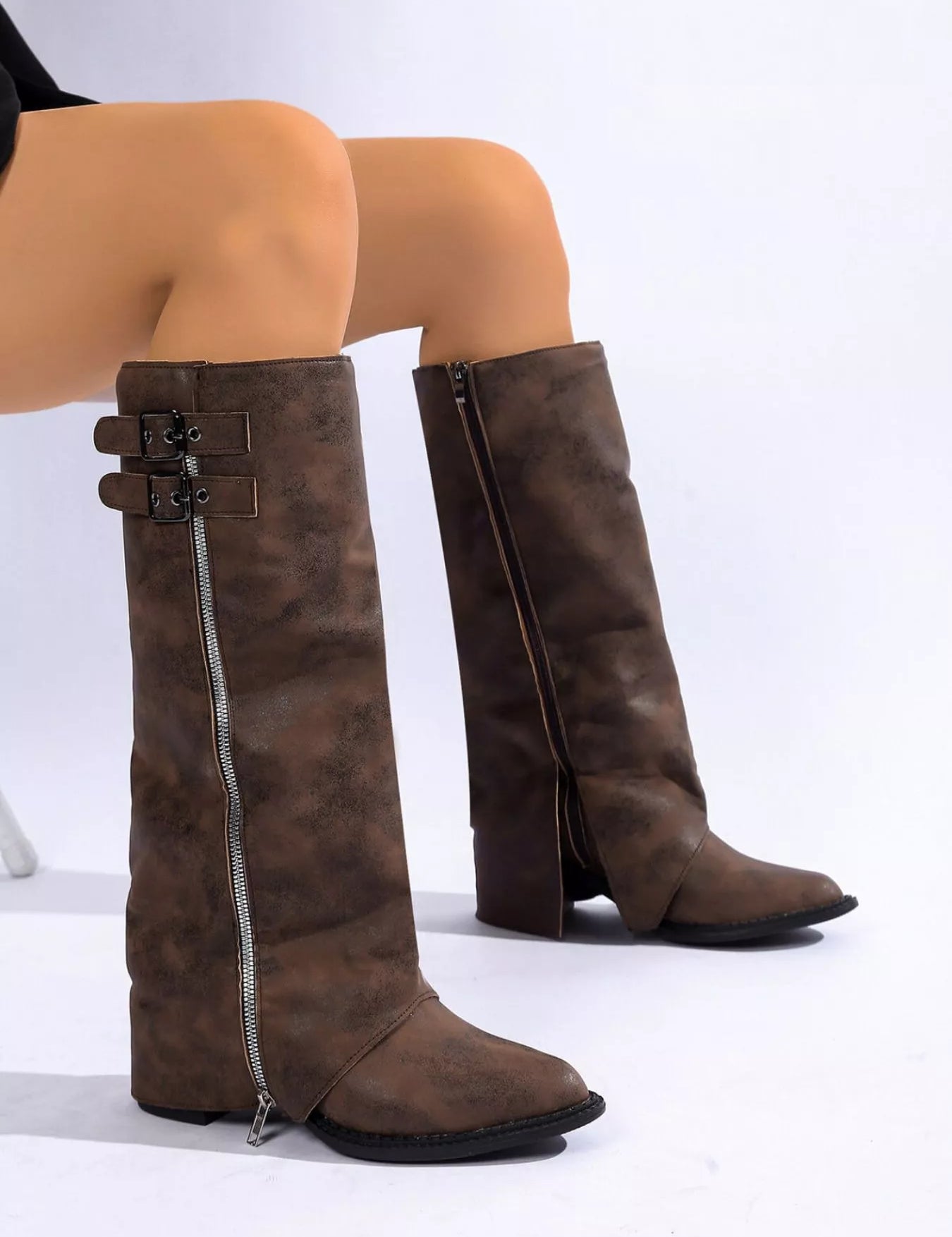 Dark Brown Fashionista Point Toe Block Heel Boots | Boots Daverri Fashions