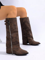 Dark Brown Fashionista Point Toe Block Heel Boots | Boots Daverri Fashions