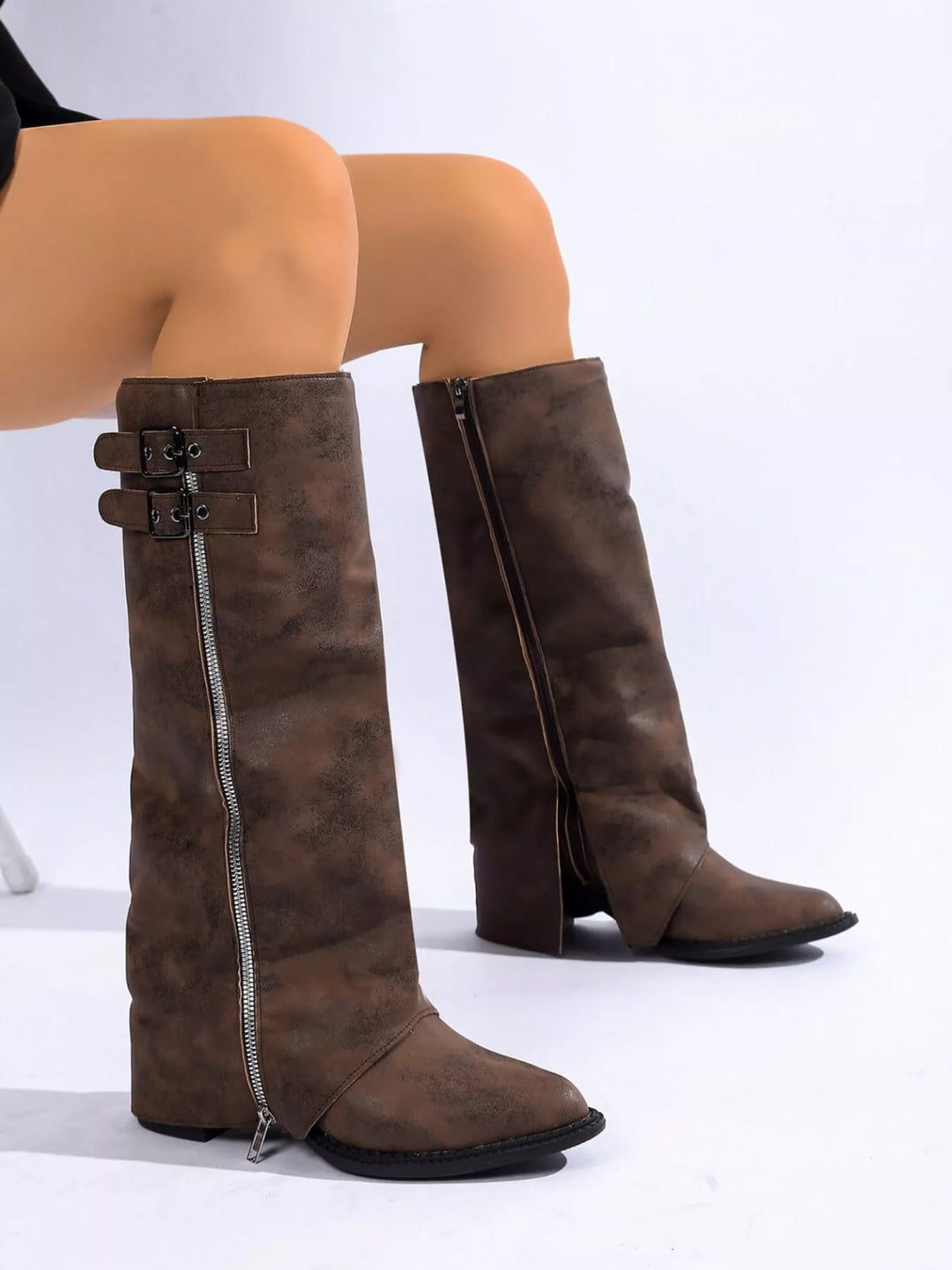 Dark Brown Fashionista Point Toe Block Heel Boots | Boots Daverri Fashions