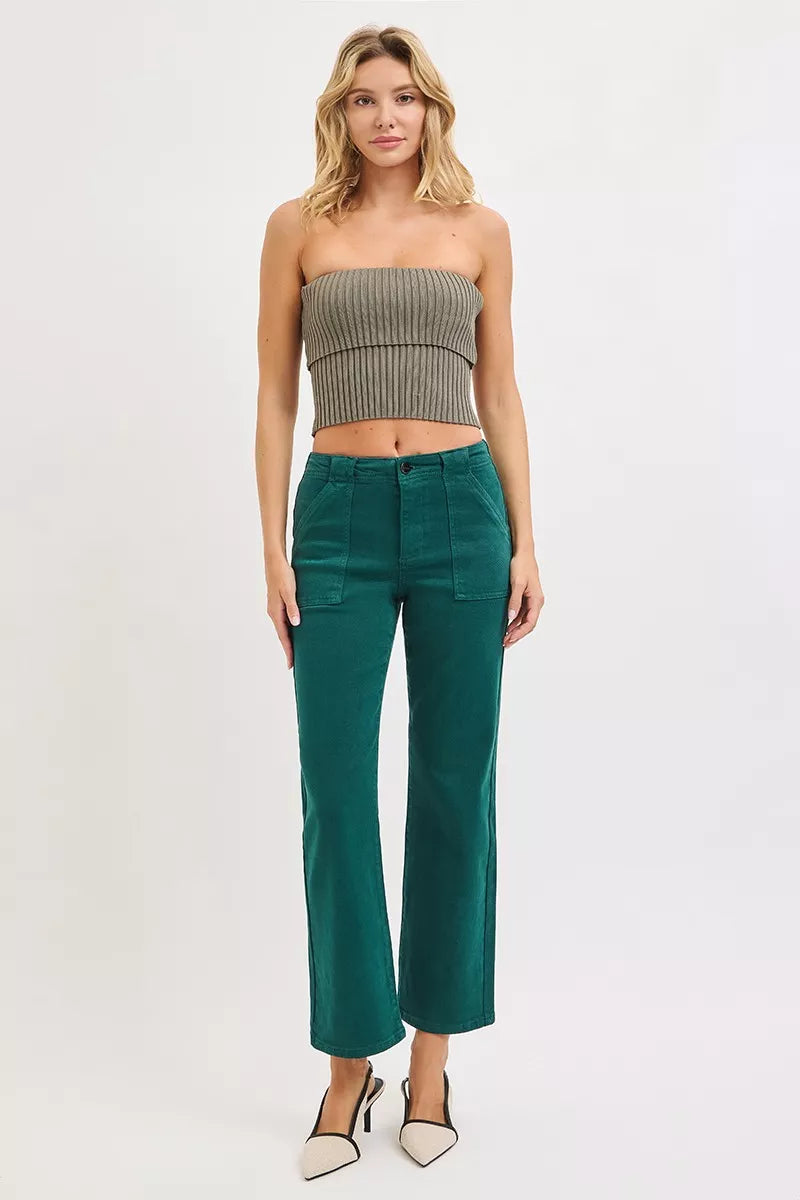 RISEN High Rise Ankle Flare Patch Pocket Jeans | Daverri Fashions