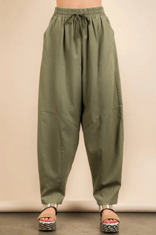 VERY J Olive Solid Barrel Comfy Woven Pants Pants
