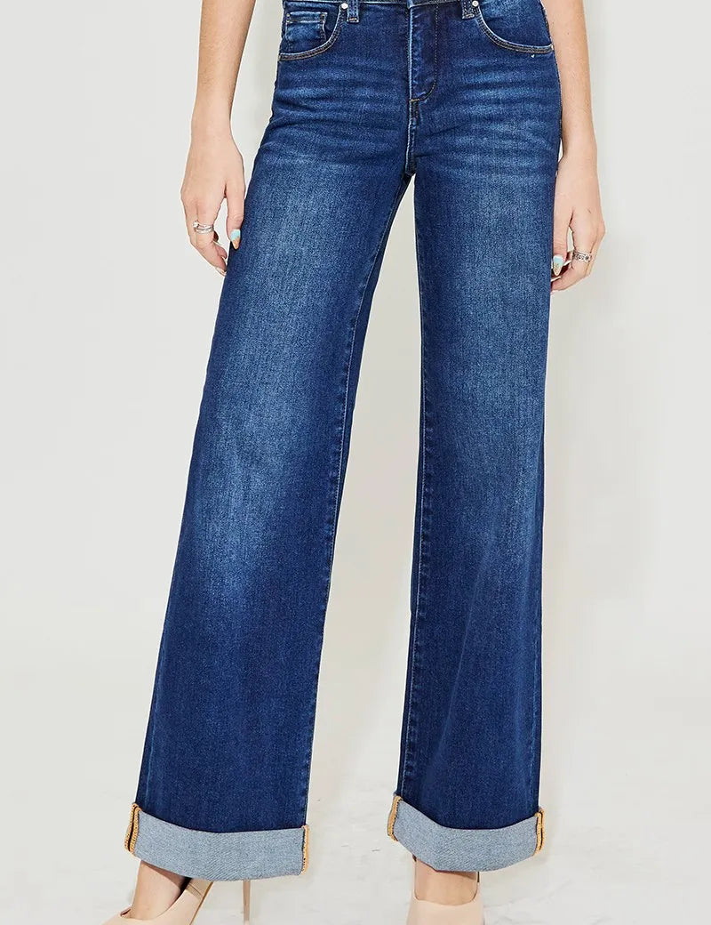 RISEN Full Size Tummy Control High Rise Wide Leg Cuffed Jeans Plus Size | Jeans Daverri Fashions