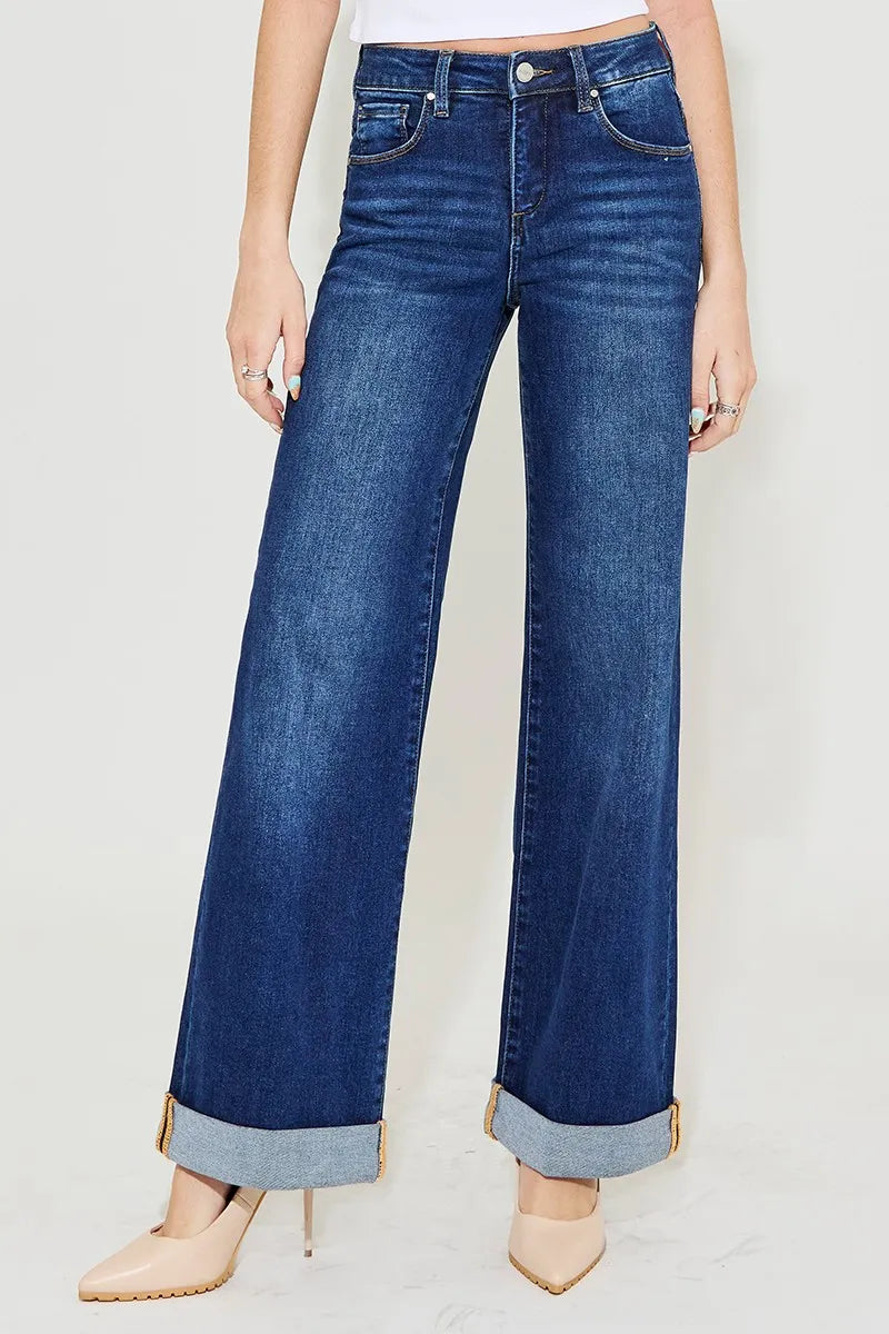 RISEN Full Size Tummy Control High Rise Wide Leg Cuffed Jeans Plus Size Jeans