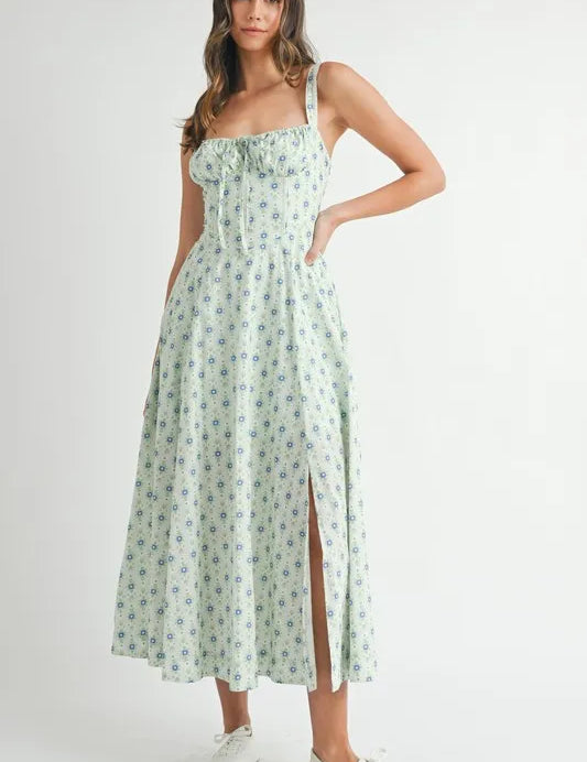 MINT S MABLE Floral Print Bustier Back Lace Up Midi Dress | Daverri Fashions
