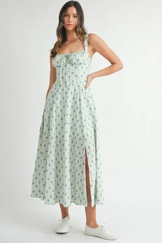 MABLE Floral Print Bustier Back Lace Up Midi Dress MINT