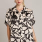 Umgee Full Size Two Tone Print Button Down Top with hidden Plackets Black Tops