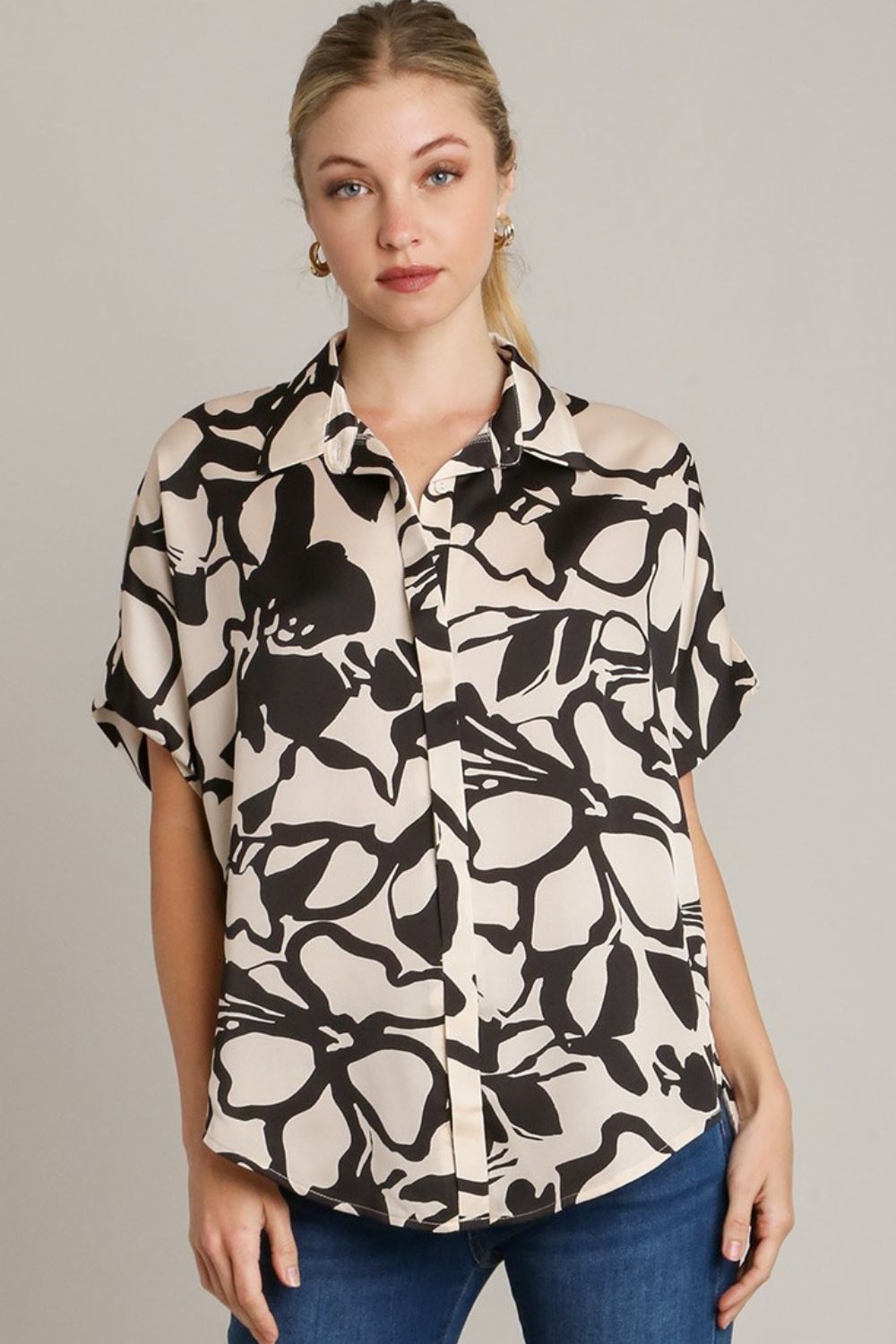 Umgee Full Size Two Tone Print Button Down Top with hidden Plackets Black Tops