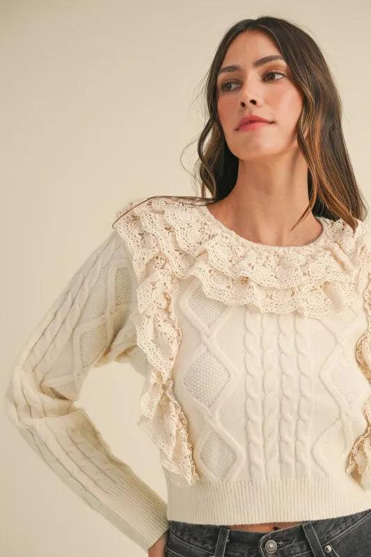MABLE Ruffled Lace Crochet Sweater - DAVERRI FASHIONS
