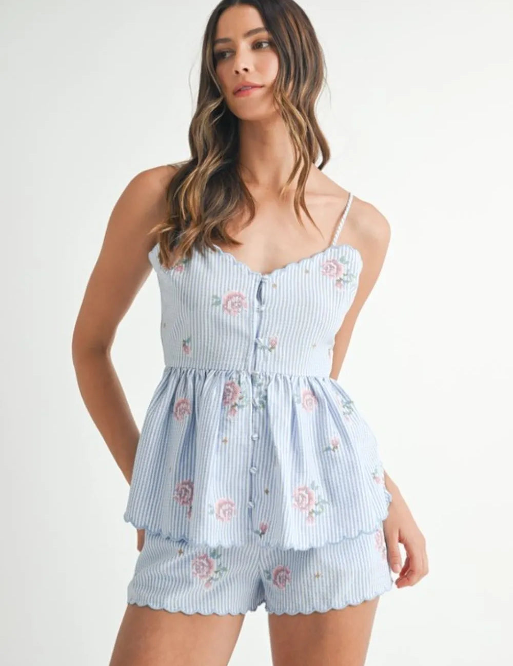 Blue S MABLE Stripe Embroidered Peplum Cami and Shorts Set | Outfit Sets Daverri Fashions
