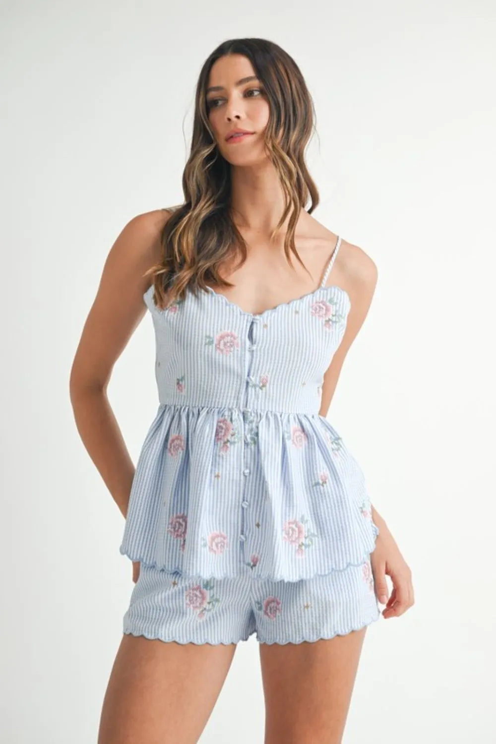 MABLE Stripe Embroidered Peplum Cami and Shorts Set Blue S Shorts Sets