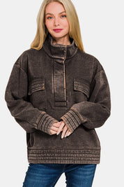 Zenana Acid Washed Half Snap Fleece Sweatshirt Ash Black | Sweatshirts Daverri Fashions