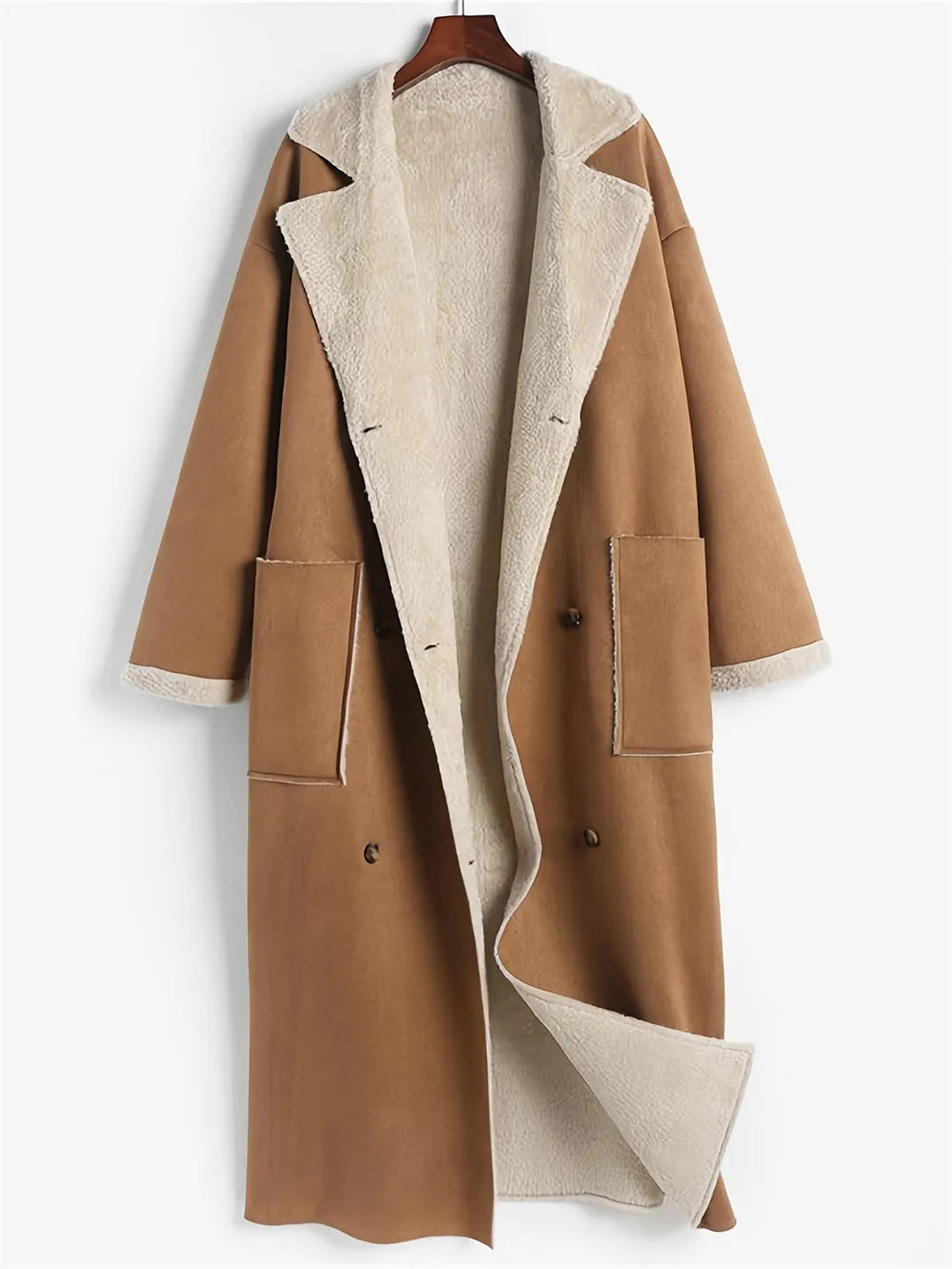 Plus size drop shoulder sherpa longline coat with tan shearling lining
