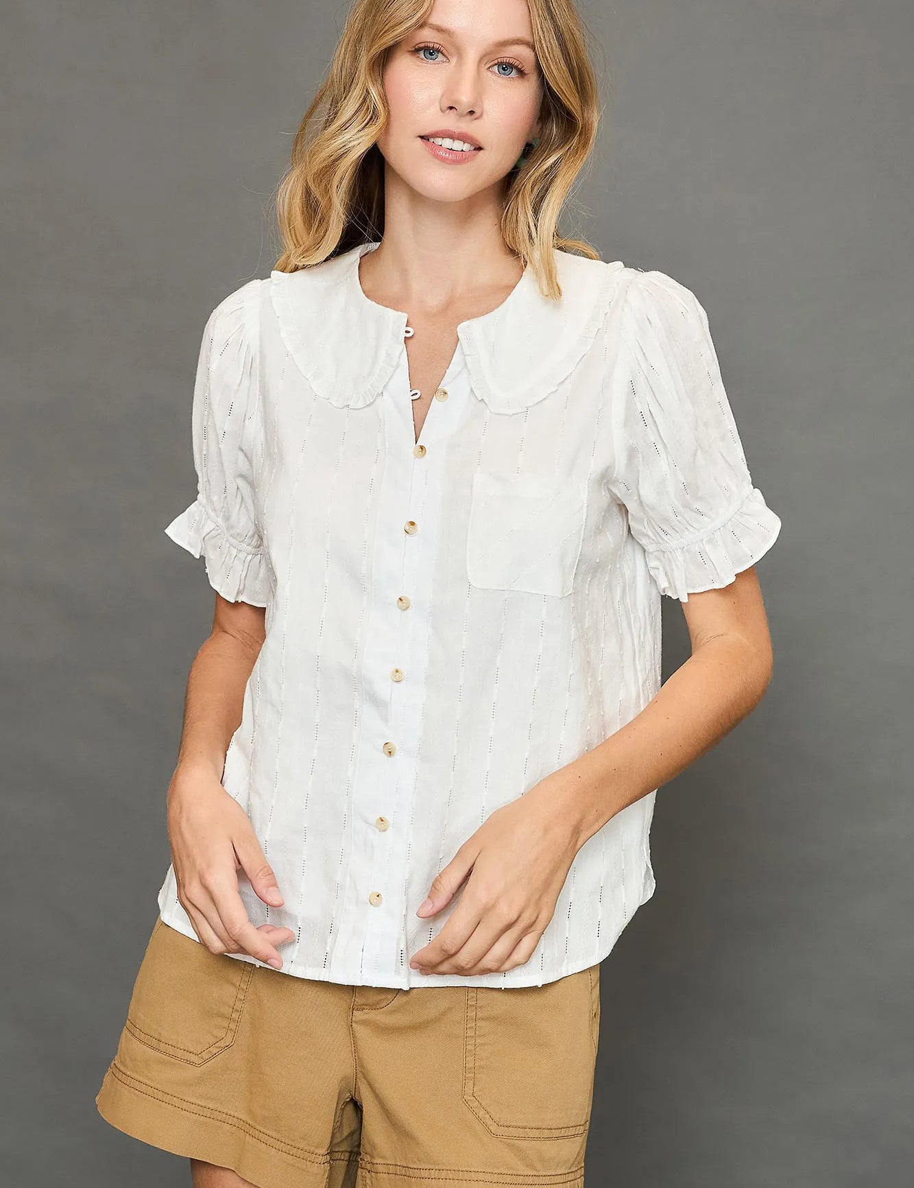 OFF WHITE Umgee Peter Pan Collared Button Down Textured Shirt with Ruffled Deatil | Tops Daverri Fashions
