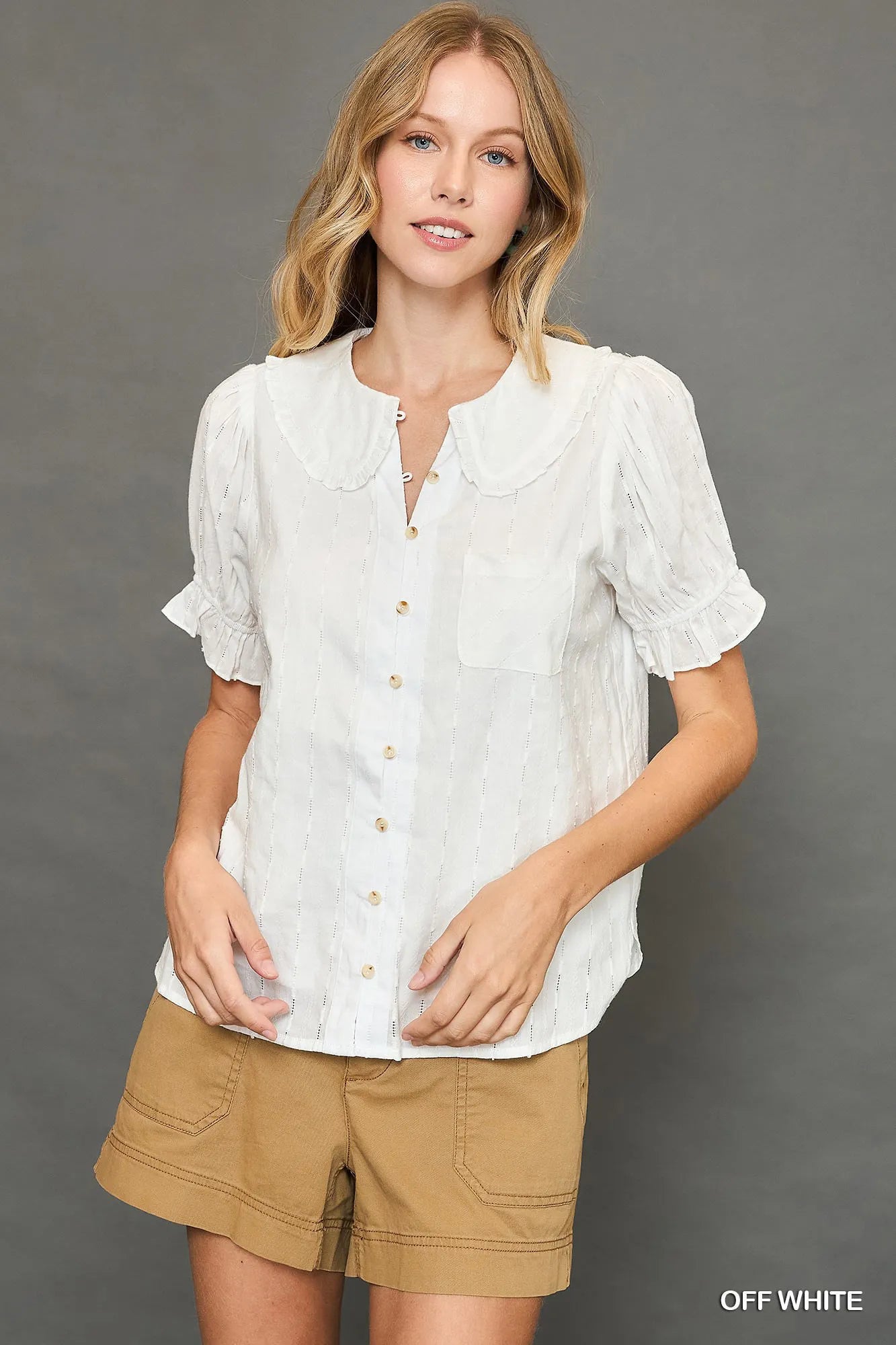 OFF WHITE Umgee Peter Pan Collared Button Down Textured Shirt with Ruffled Deatil | Tops Daverri Fashions