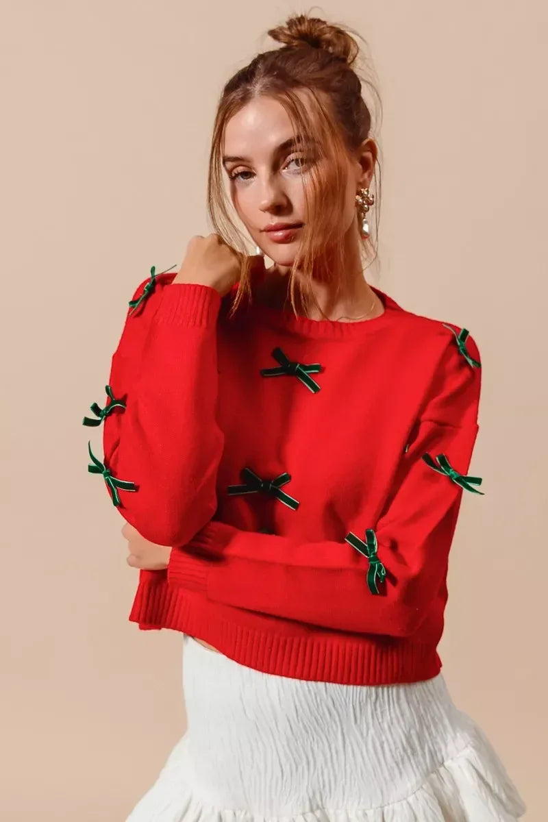 SO ME Ribbon Bow Applique Sweater - DAVERRI FASHIONS