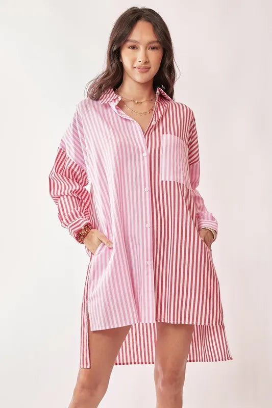 Davi & Dani Multi Color Stripe Mixed Button Front Tunic Shirt Dress Red Multi Mini Dresses