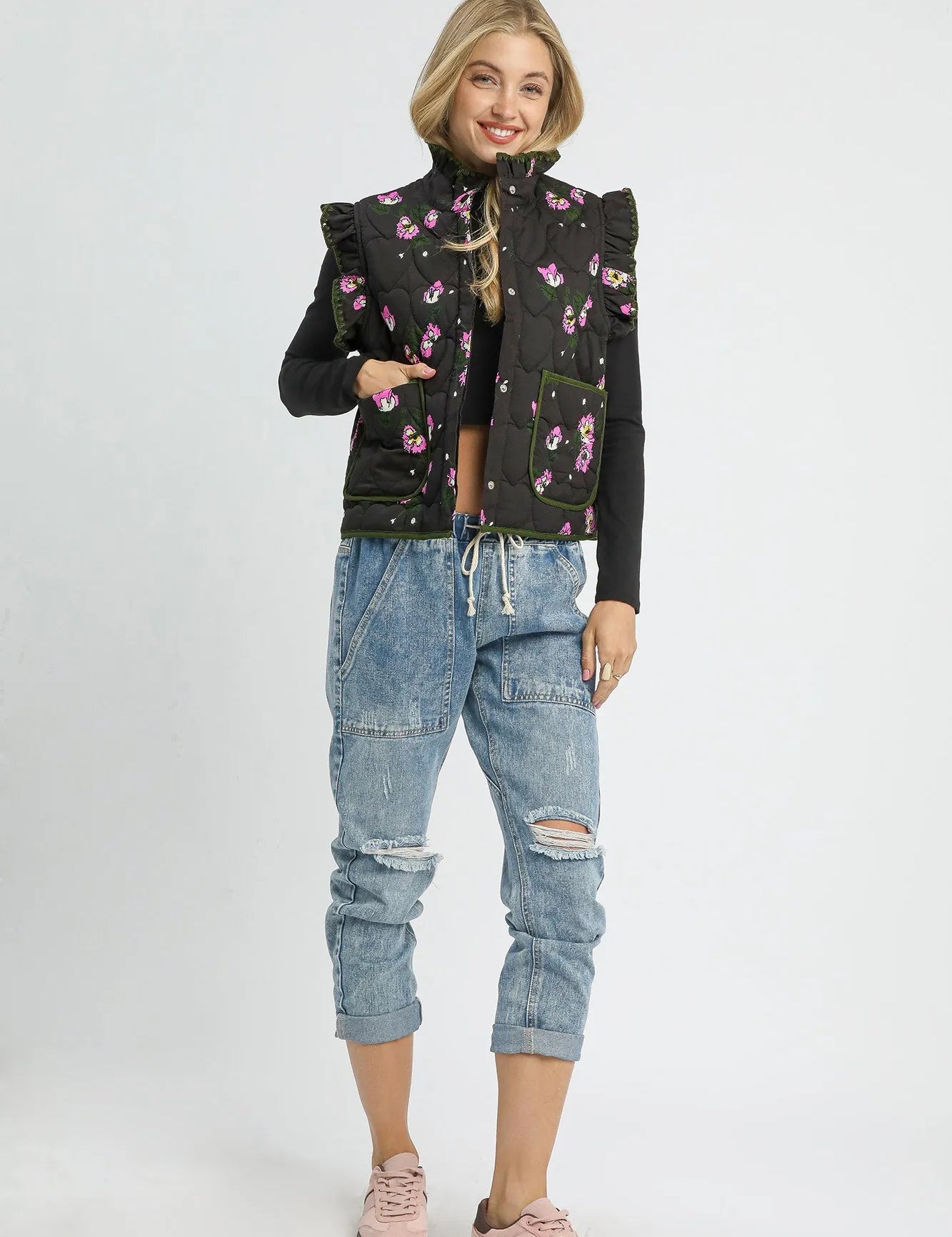 Umgee Ruffled Quilted Floral Snap Down Vest | Daverri Fashions