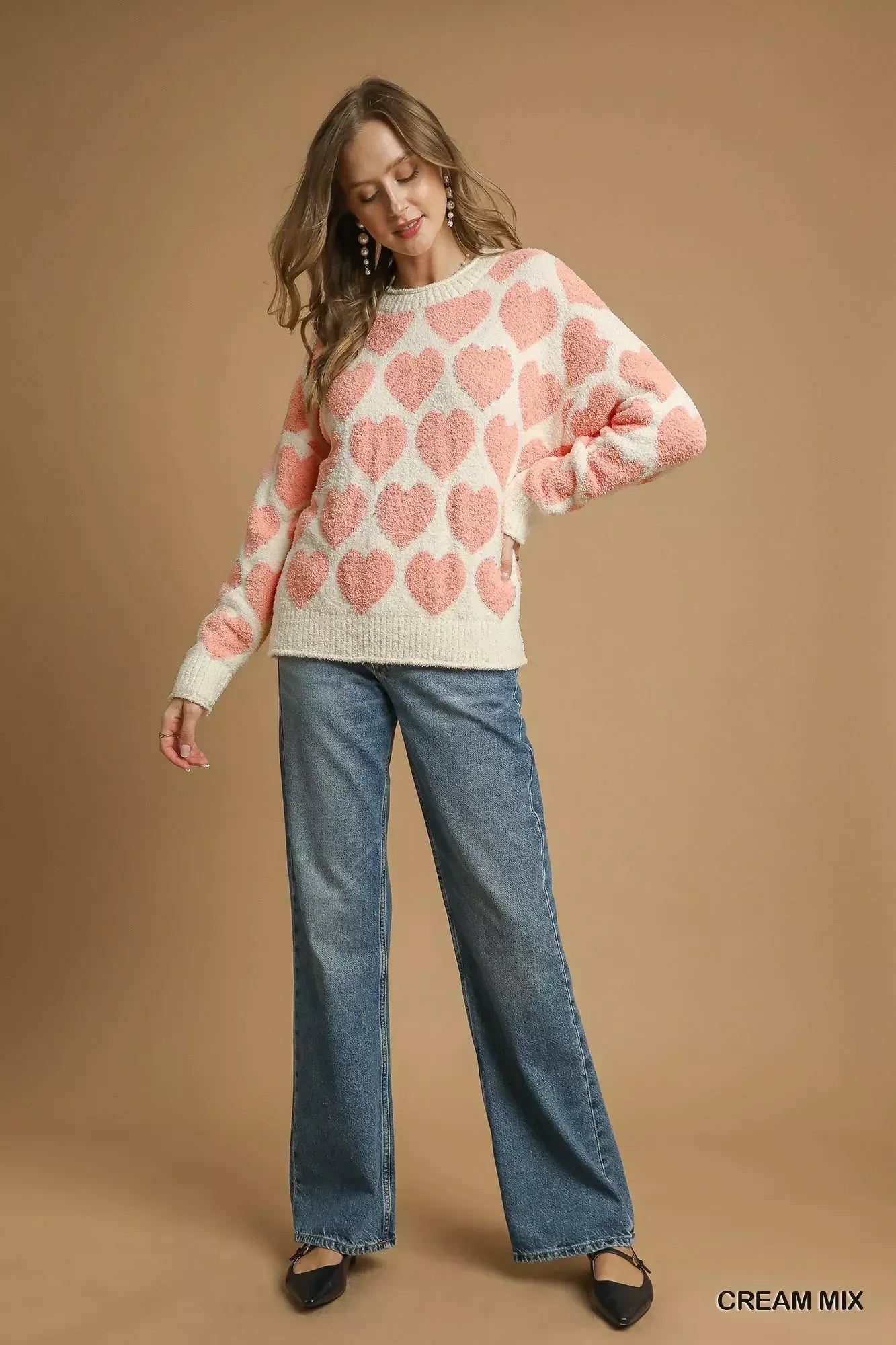 Umgee Mix Heart Pattern Pearl Accent Sweater - DAVERRI FASHIONS
