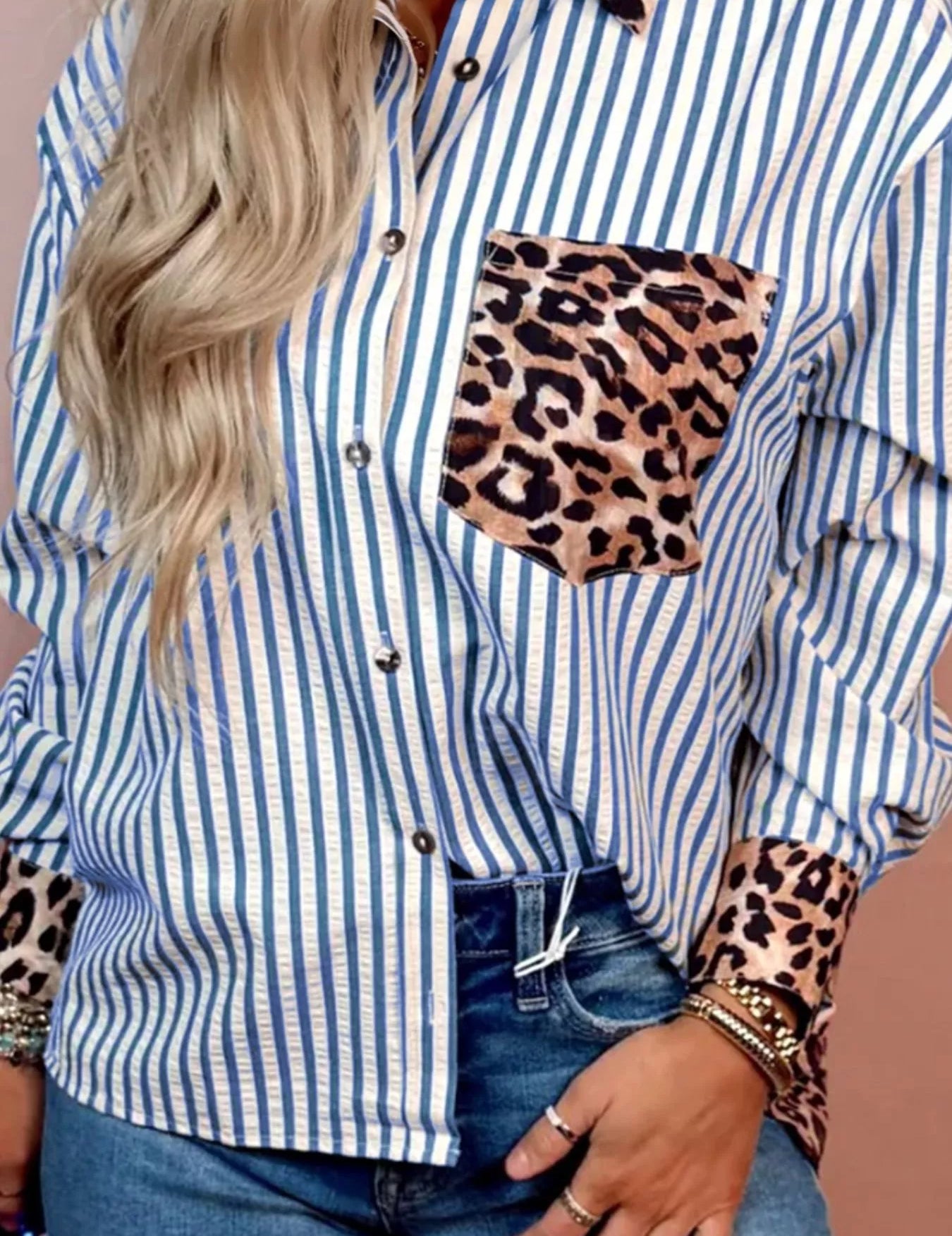 Striped Leopard Print Patchwork Button Up Shirt | Shirts Daverri Fashions