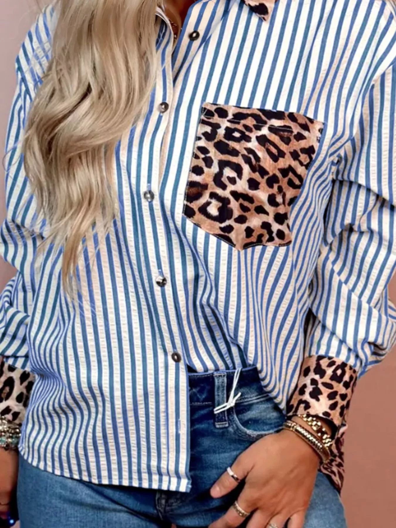 Striped Leopard Print Patchwork Button Up Shirt | Shirts Daverri Fashions