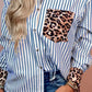 Striped Leopard Print Patchwork Button Up Shirt - DAVERRI FASHIONS