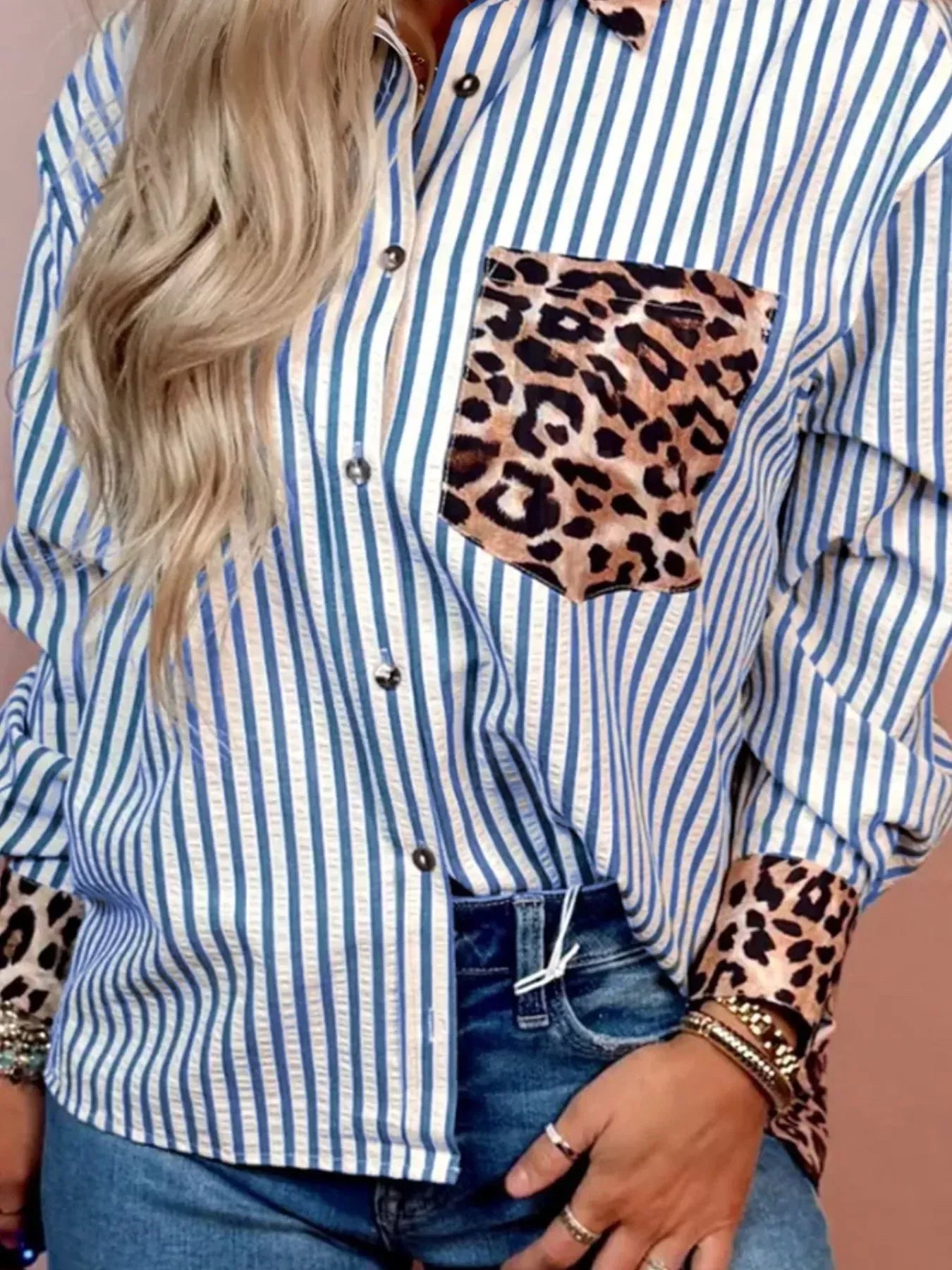 Striped Leopard Print Patchwork Button Up Shirt - DAVERRI FASHIONS