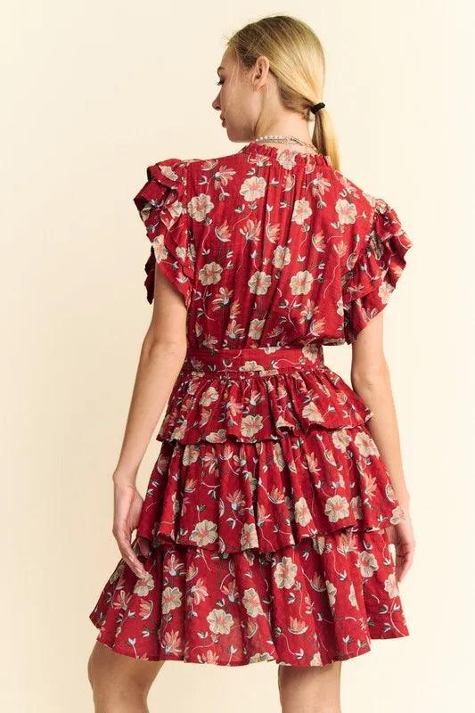 Davi & Dani Ruffle Flutter Sleeve Tie Belt Tiered Mini Dress - DAVERRI FASHIONS