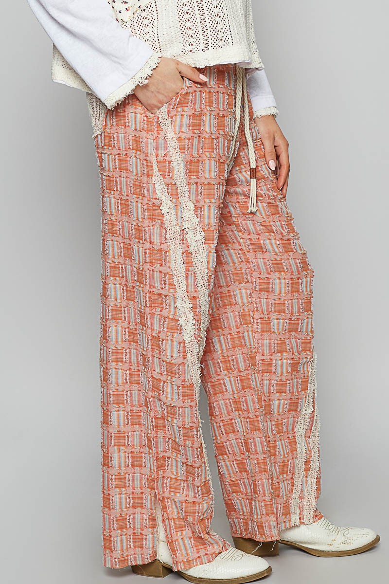 POL Lace Trim Drawstring Checkered Wide Leg Pants