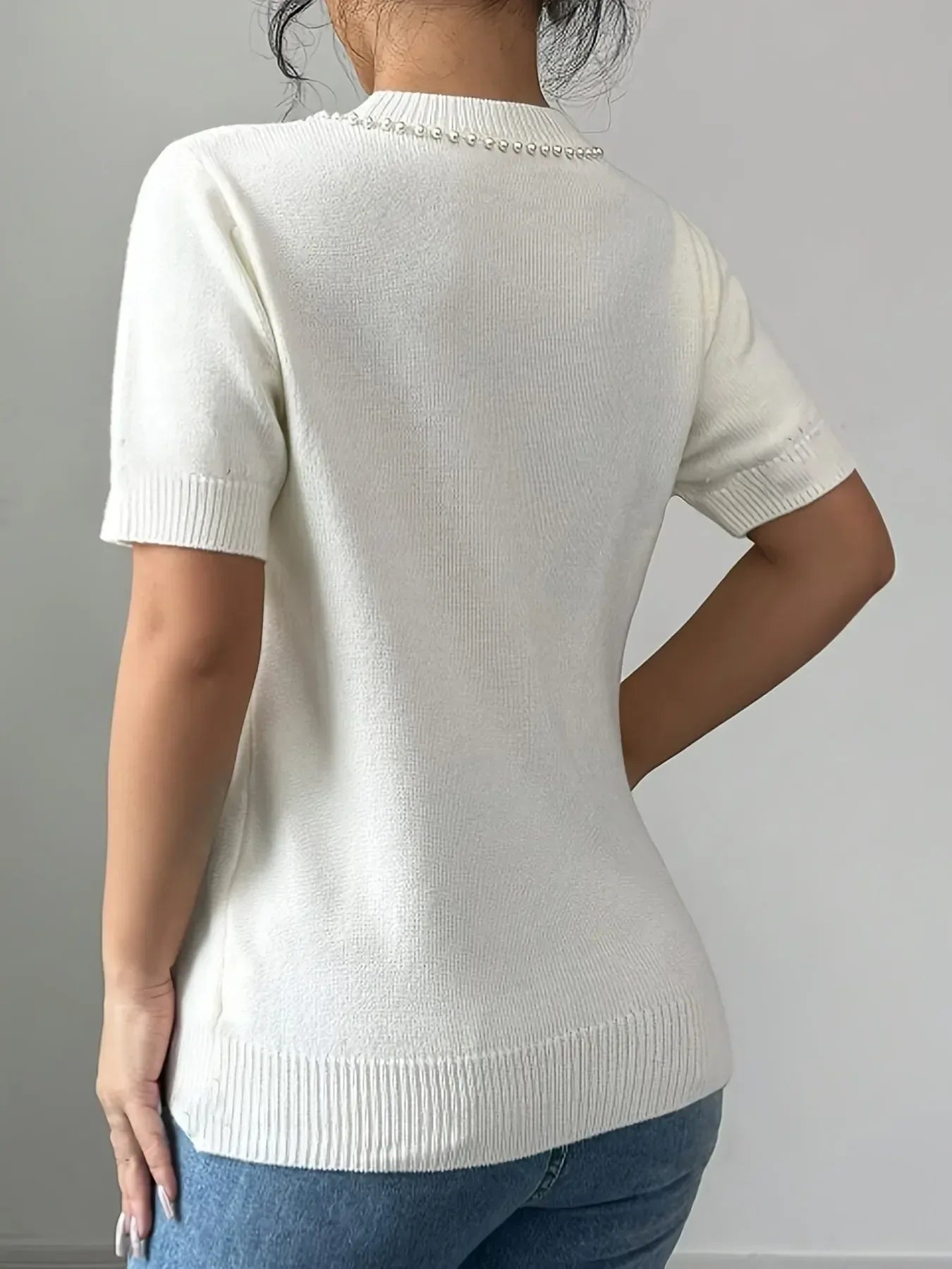 Pearl Bow Embellished Round Neck Sweater - DAVERRI FASHIONS
