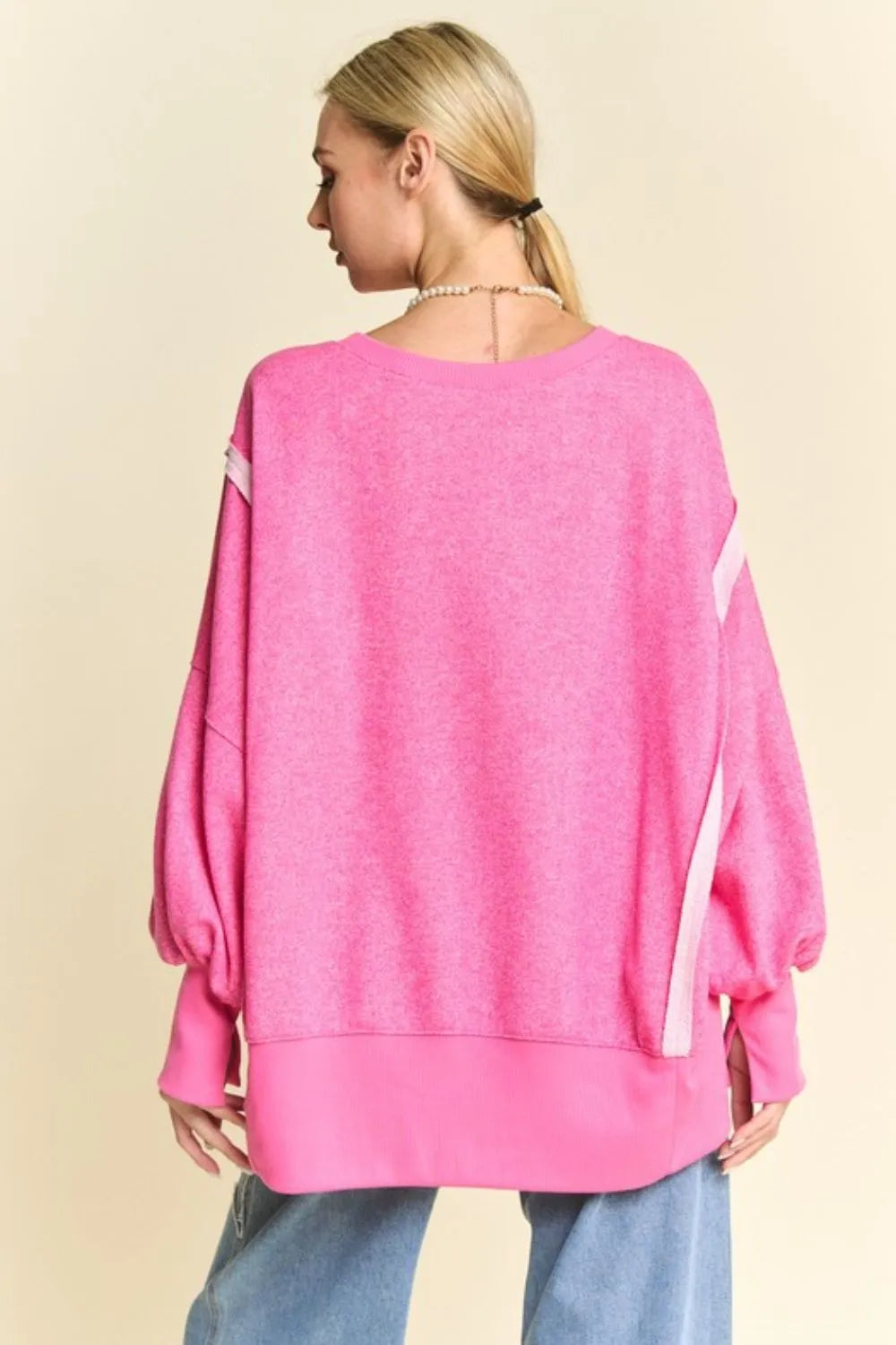Vibrant pink oversized Davi & Dani knit top with lantern sleeves, size M