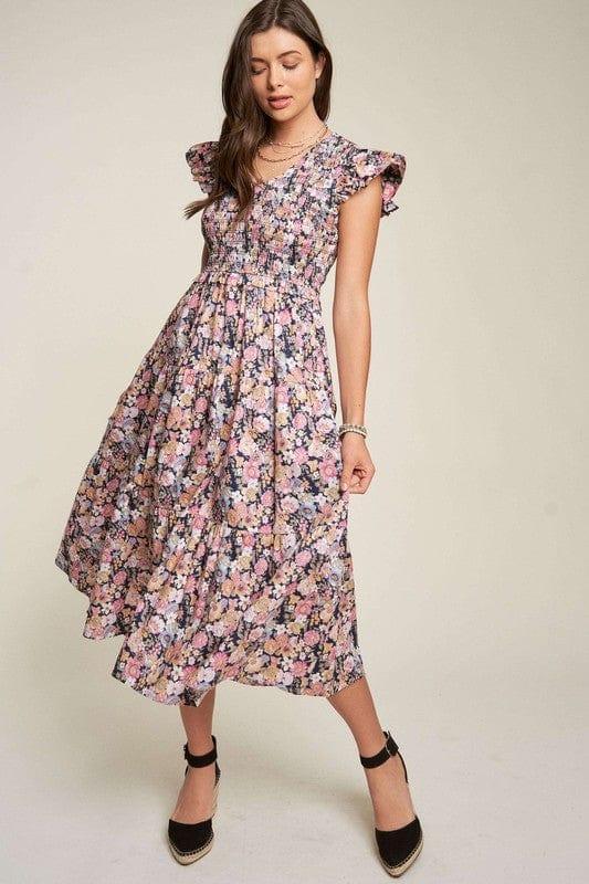 Vintage Garden Floral Flutter Smocking Midi Dress Mid Dresses