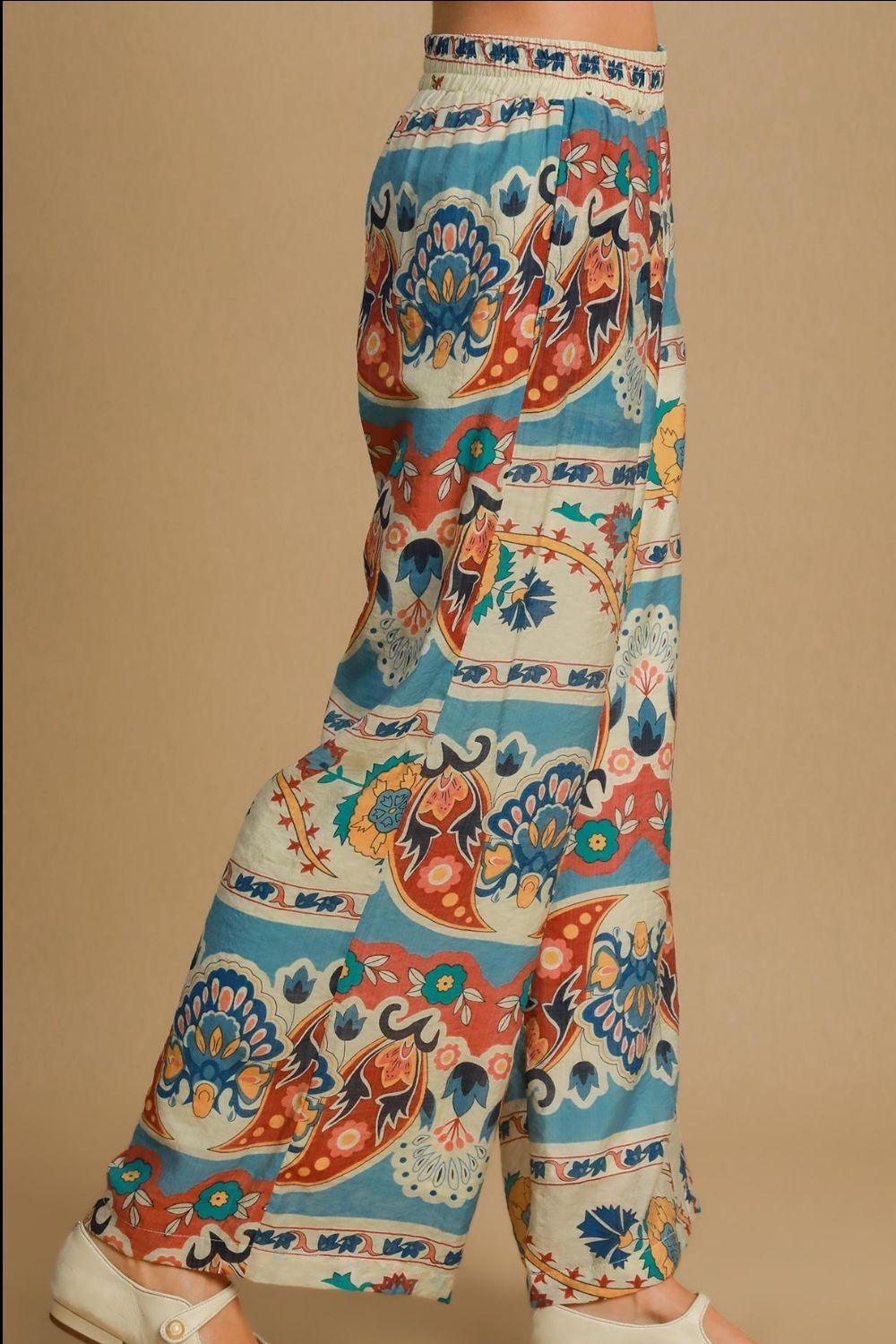 Umgee Full Size Wide Leg Border Print Pants Plus Size Pants