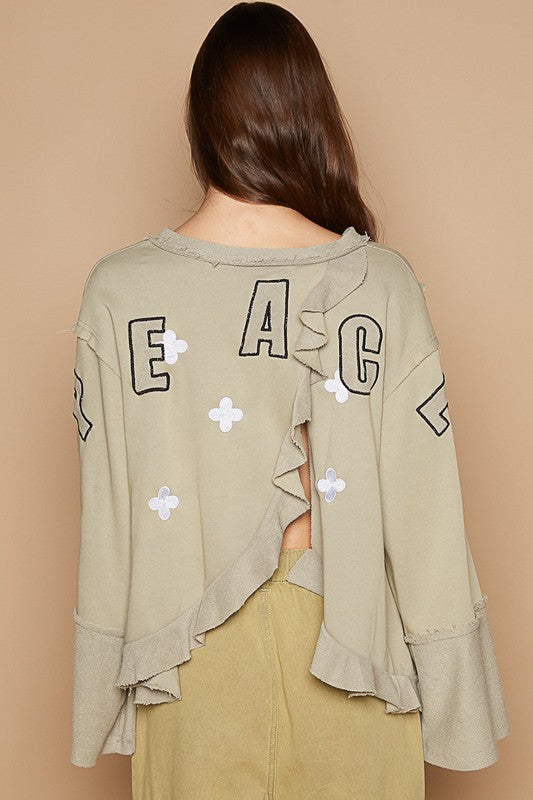 POL Peace Embroidered Exposed Seam Back Ruffle V-Neck Top Tops