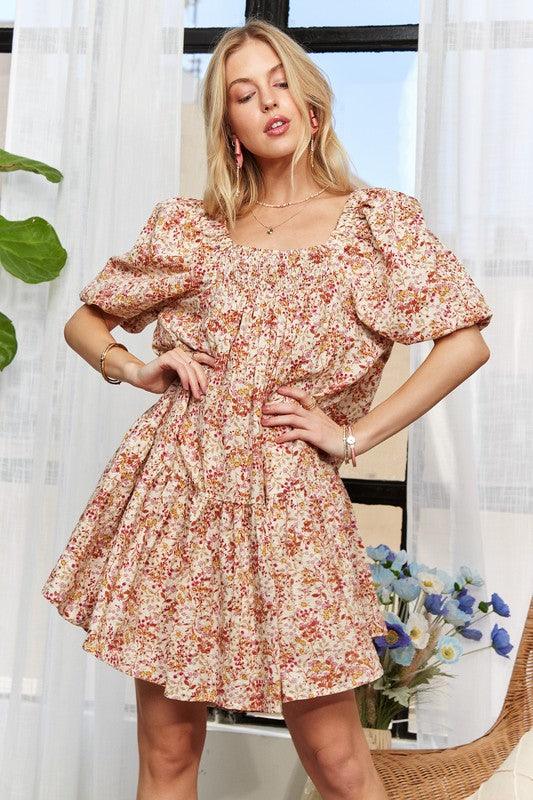 ADORA Floral Square Neck Puff Sleeve Dress Orange L