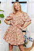ADORA Floral Square Neck Puff Sleeve Dress Orange L