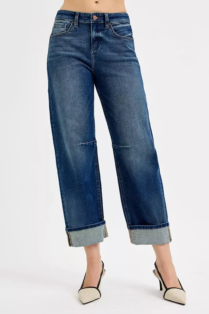 RISEN Slouchy Crop Barrel Cuffed Jeans - DAVERRI FASHIONS
