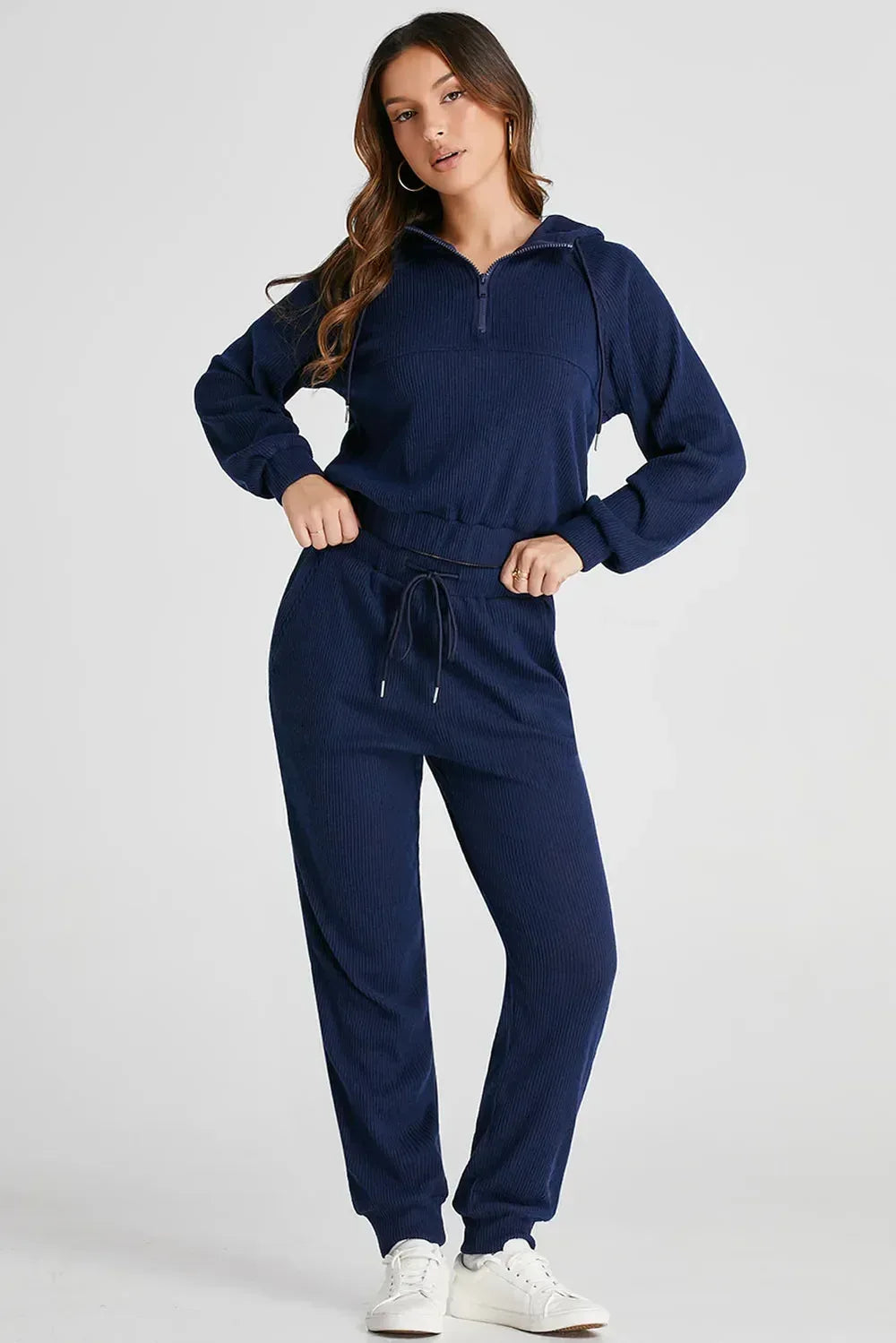 Drawstring Half Zip Hoodie and Joggers Active Set - DAVERRI FASHIONS