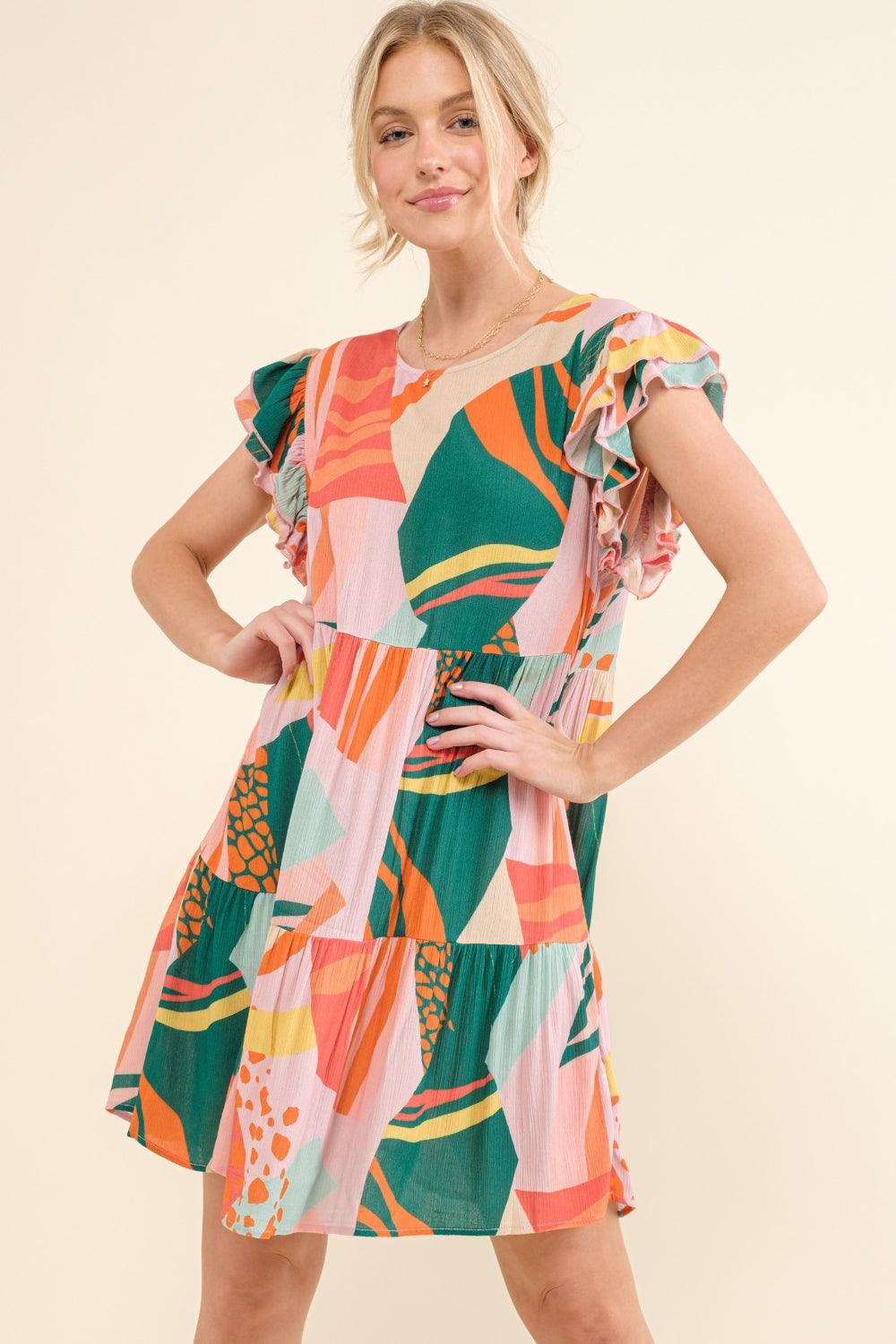 And The Why Printed Double Ruffle Sleeve Dress | Daverri Fashions