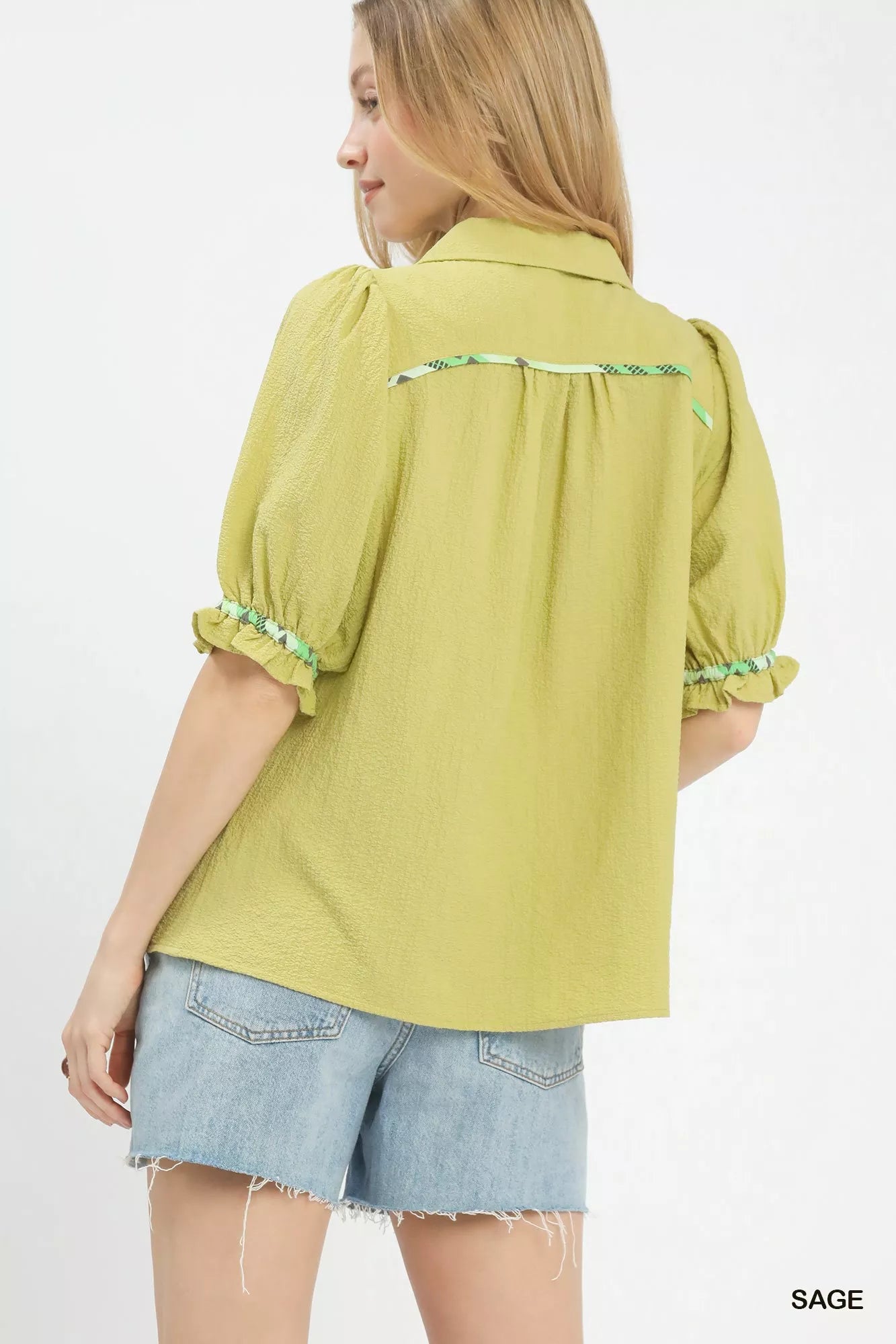 Umgee sage green scalloped trim blouse with puffed sleeves and ruffled cuffs