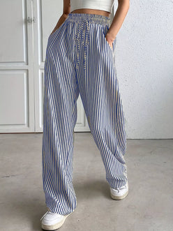 Daverri striped high-waisted wide-leg pants, blue white vertical stripes