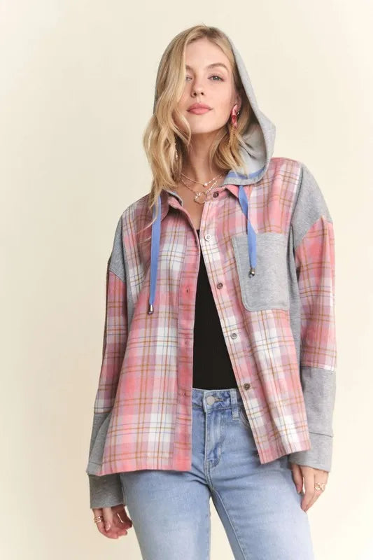 ADORA Button Down Plaid Hoodie Shacket Shackets
