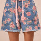 BiBi floral print denim shorts with pink rose pattern, frayed hem, pink drawstring